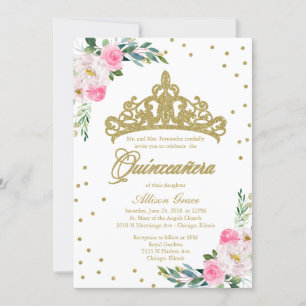 Invitación Quinceañera Bilingüe Tiara Rosa Fuerte