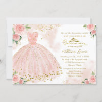 Invitación Quinceañera Bilingüe Vestido Rosado Rub