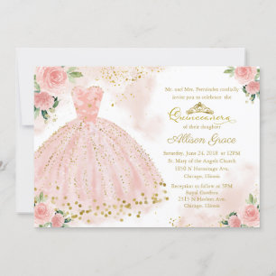 Invitación Quinceañera Bilingüe Vestido Rosado Rub