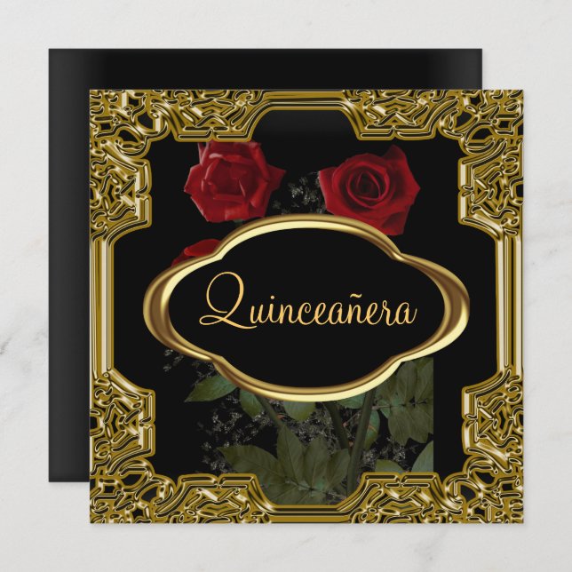 Invitación Quinceanera Birday Party Gold Black (Anverso / Reverso)