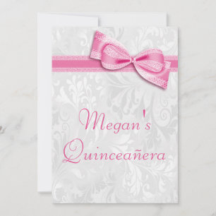 Invitación Quinceañera Birthday Damask y Pink Faux Bow