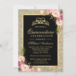Invitación Quinceanera Birthday Floral Gold Purpurina Sparkke