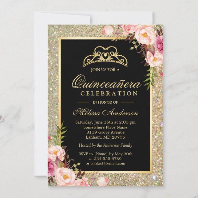 Invitación Quinceanera Birthday Floral Gold Purpurina Sparkke (Anverso)