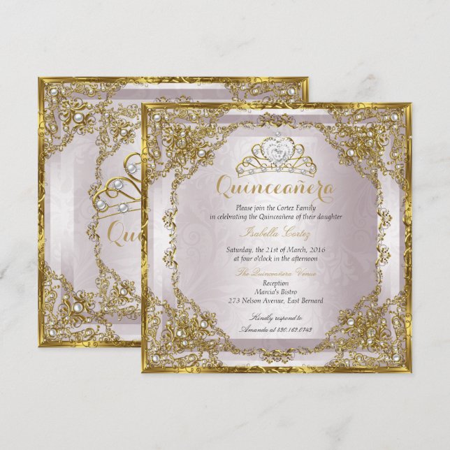 Invitación Quinceanera Birthday Gold Pearl Pink Damask (Anverso / Reverso)