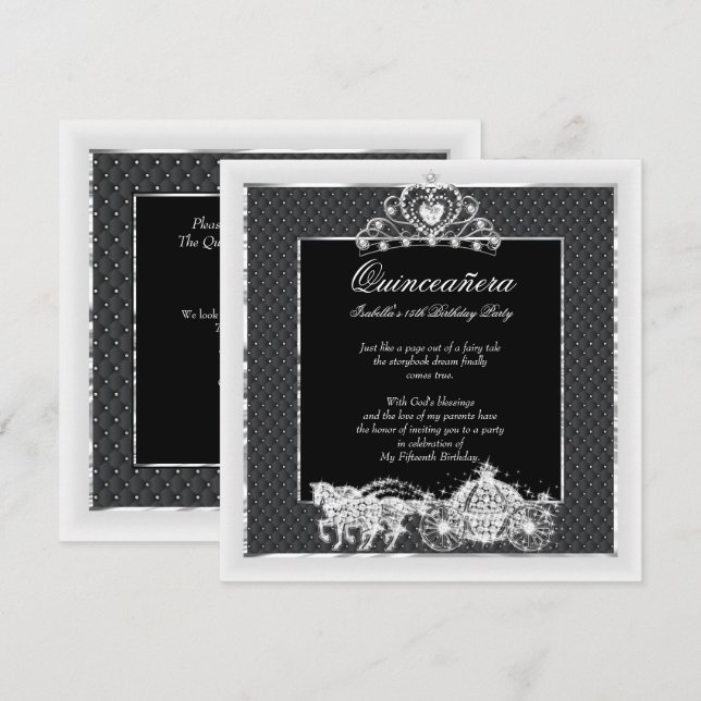 Invitación Quinceanera Birthday Horse Carrise Plata Negra (Anverso / Reverso)