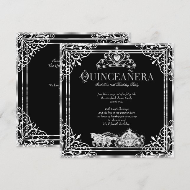 Invitación Quinceanera Birthday Horse Carrise Plata Negra 2 (Anverso / Reverso)