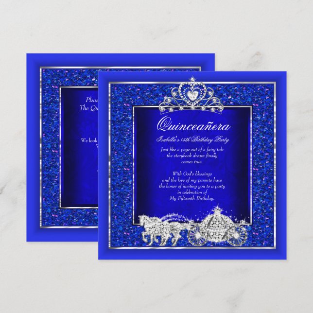 Invitación Quinceanera Birthday Horse Carrise Royal Blue (Anverso / Reverso)