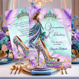 Invitación Quinceanera Birthday Lilac Teal Tiara Gold Heel