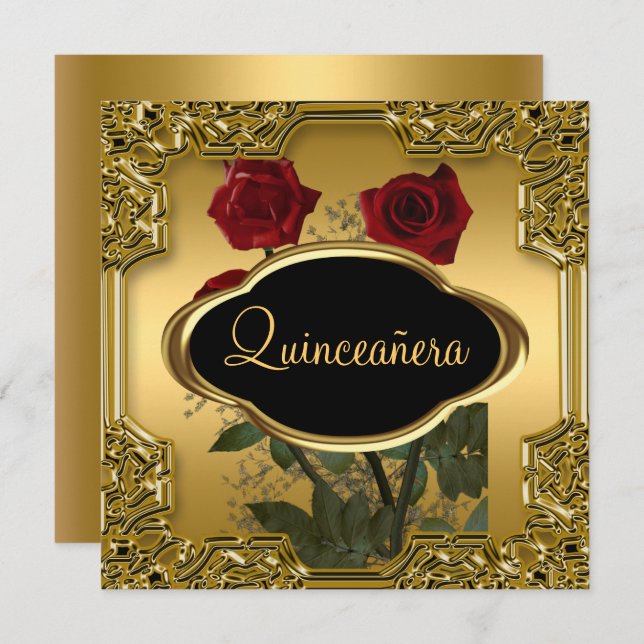 Invitación Quinceanera Birthday Party Gold (Anverso / Reverso)