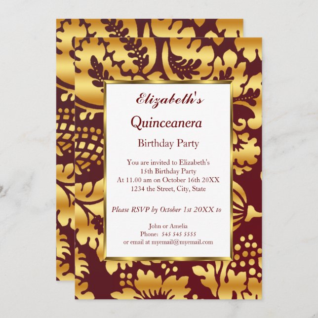 Invitación Quinceanera Birthday Party Gold Burgundy (Anverso / Reverso)