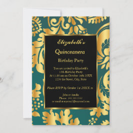 Invitación Quinceanera Birthday Party Gold floral Verde azula