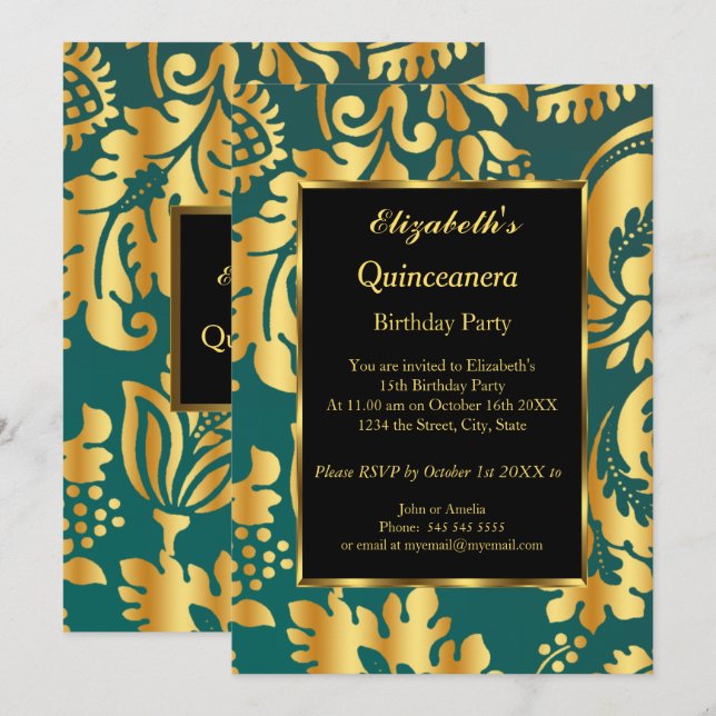 Invitación Quinceanera Birthday Party Gold floral Verde azula (Anverso / Reverso)