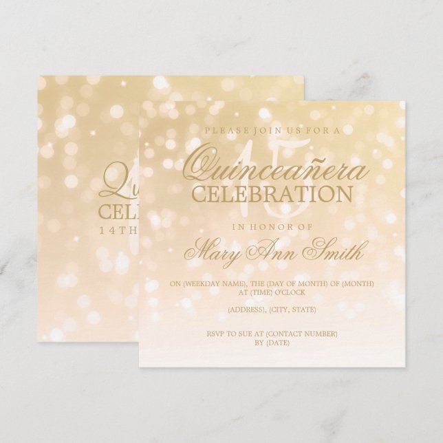 Invitación Quinceanera Birthday Party Gold Sparkle Luces (Anverso / Reverso)