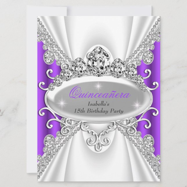 Invitación Quinceañera Birthday Princess Purple Diamond Large (Anverso)