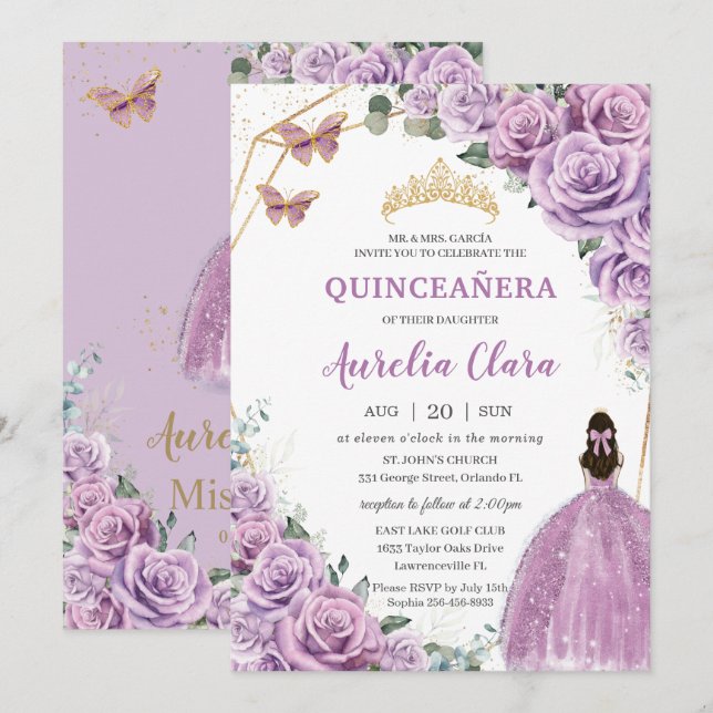 Invitación Quinceañera Birthday Púrpura Lilac Floral Princesa (Anverso / Reverso)