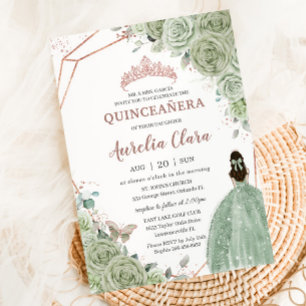Invitación Quinceañera Birthday Sage Green Floral Rosa Gold