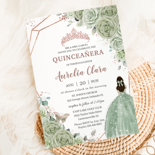 Invitación Quinceañera Birthday Sage Green Floral Rosa Gold (Subido por el creador)
