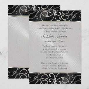 Invitación Quinceanera Black and Silver Filigree Swirls