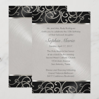 Invitación Quinceanera Black and Silver Filigree Swirls