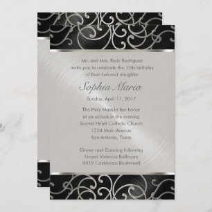 Invitación Quinceanera Black and Silver Filigree Swirls