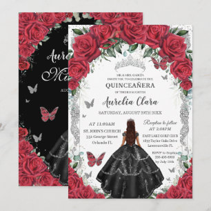 Invitación Quinceañera Black Dress Roses Roses Floral Silver