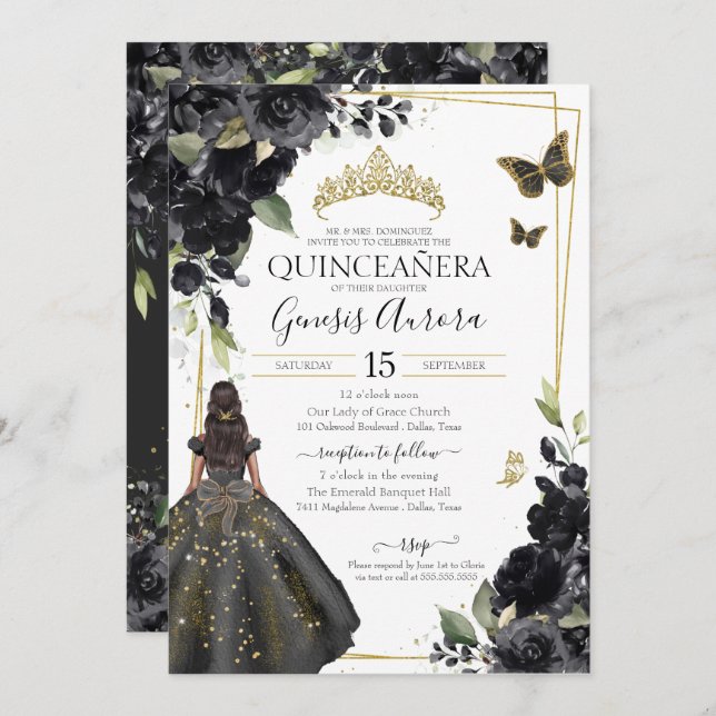 Invitación Quinceañera Black Floral Gold Butfly Vestido (Anverso / Reverso)