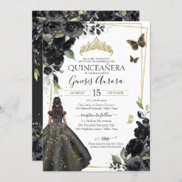 Invitación Quinceañera Black Floral Gold Butfly Vestido