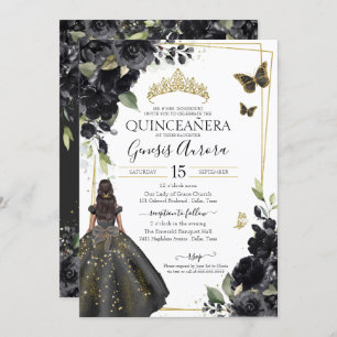 Invitación Quinceañera Black Floral Gold Butfly Vestido