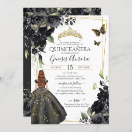 Invitación Quinceañera Black Floral Gold Butfly Vestido