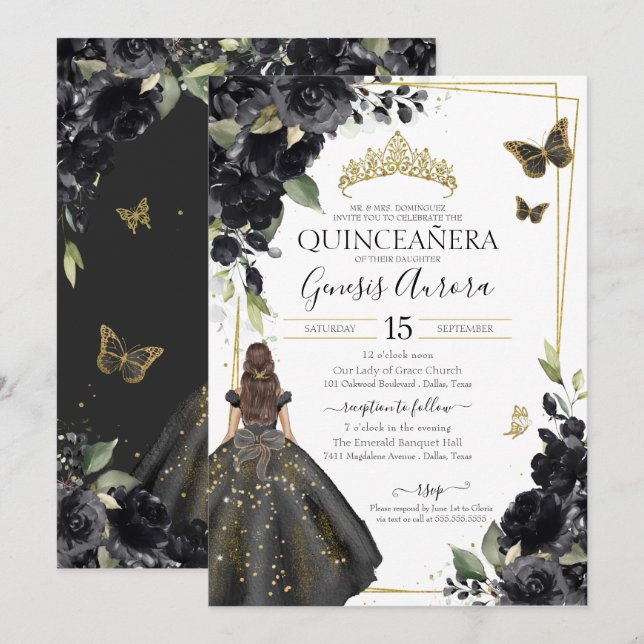 Invitación Quinceañera Black Floral Gold Butfly Vestido (Anverso / Reverso)