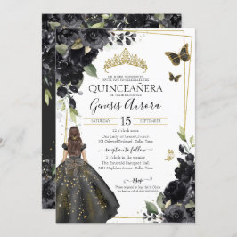 Invitación Quinceañera Black Floral Gold Butfly Vestido