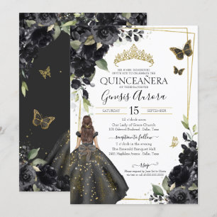 Invitación Quinceañera Black Floral Gold Butfly Vestido