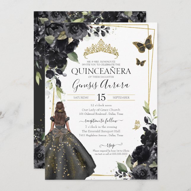 Invitación Quinceañera Black Floral Gold Butfly Vestido (Anverso / Reverso)