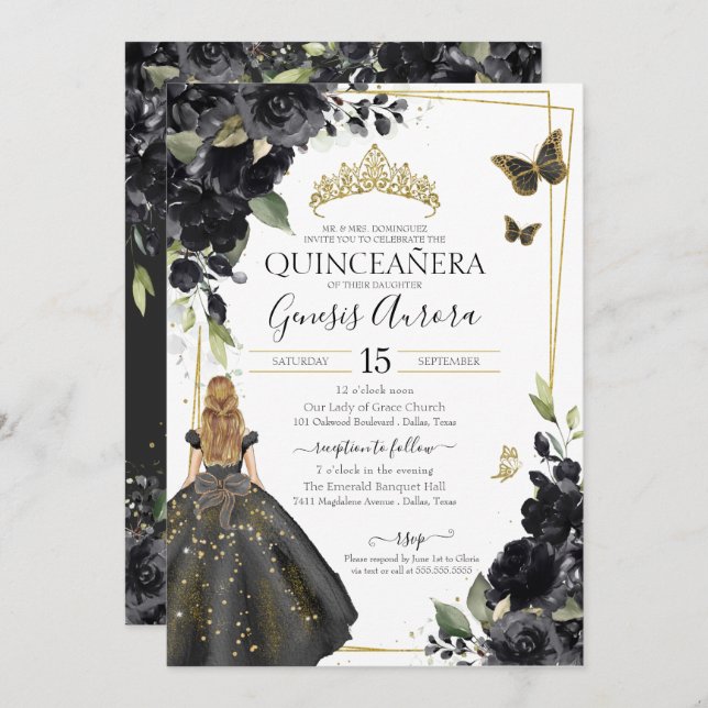 Invitación Quinceañera Black Floral Gold Butterfly Dress Invi (Anverso / Reverso)