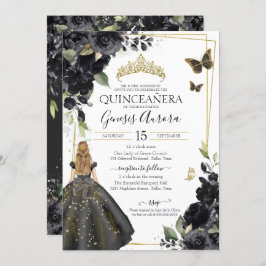 Invitación Quinceañera Black Floral Gold Butterfly Dress Invi