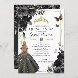 Invitación Quinceañera Black Floral Gold Butterfly Dress Invi