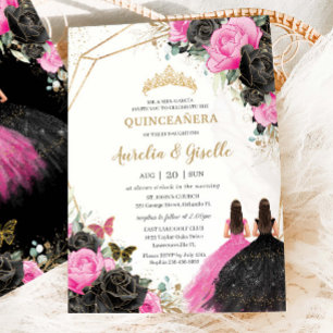 Invitación Quinceañera Black Fuchsia Floral Princess Twins