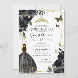 Invitación Quinceañera Black Gold Flores Quince Vestido