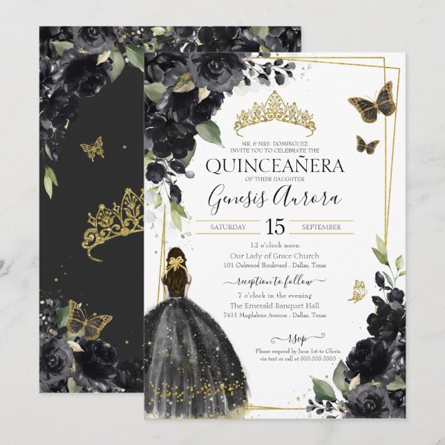Invitación Quinceañera Black Gold Flores Quince Vestido (Anverso / Reverso)