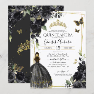 Invitación Quinceañera Black Gold Flores Quince Vestido
