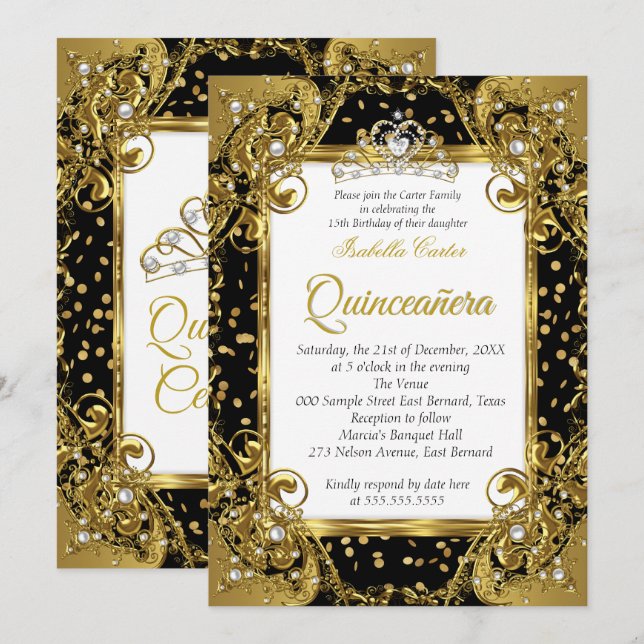 Invitación Quinceanera Black Gold Pearl Tiara (Anverso / Reverso)