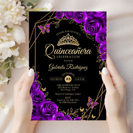 Invitación Quinceanera Black Gold Purple Floral