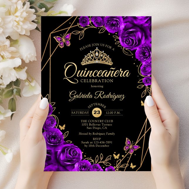 Invitación Quinceanera Black Gold Purple Floral (Subido por el creador)