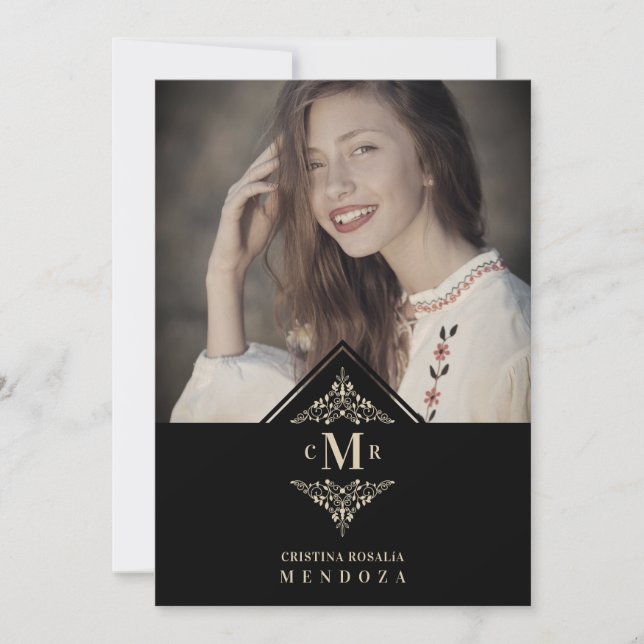 Invitación Quinceañera Black Golden Chic Lace Romantic Photo (Anverso)