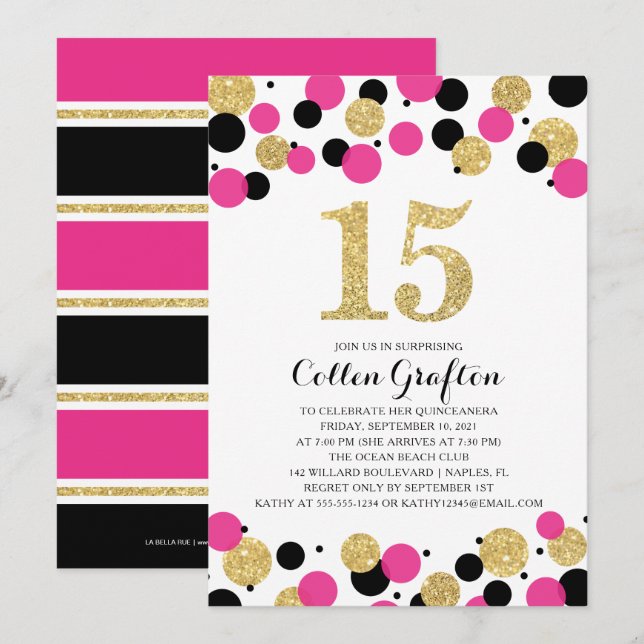 Invitación Quinceanera Black Hot Pink Gold Purpurina Confetti (Anverso / Reverso)