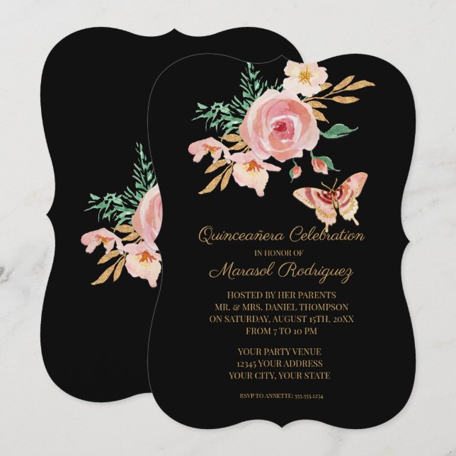 Invitación Quinceañera Black n Rubor Butterfly w Flowers Gold (Anverso / Reverso)
