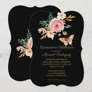 Invitación Quinceañera Black n Rubor Butterfly w Flowers Gold