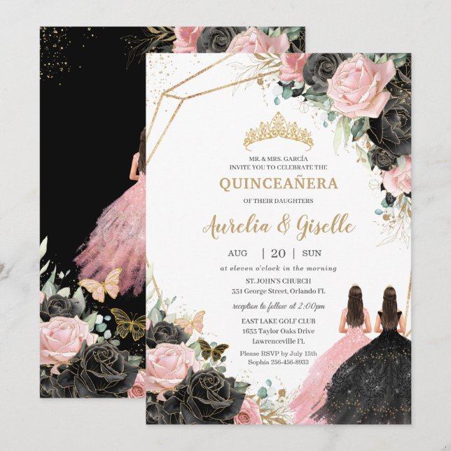 Invitación Quinceañera Black Pink Roses Floral Princess Twins (Anverso / Reverso)