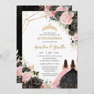 Invitación Quinceañera Black Pink Roses Floral Princess Twins
