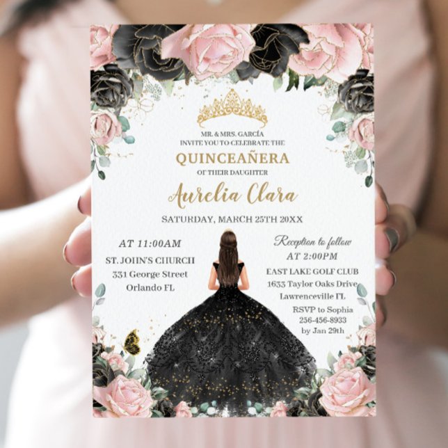 Invitación Quinceañera Black Pink Roses Floral Princess Vesti (Subido por el creador)